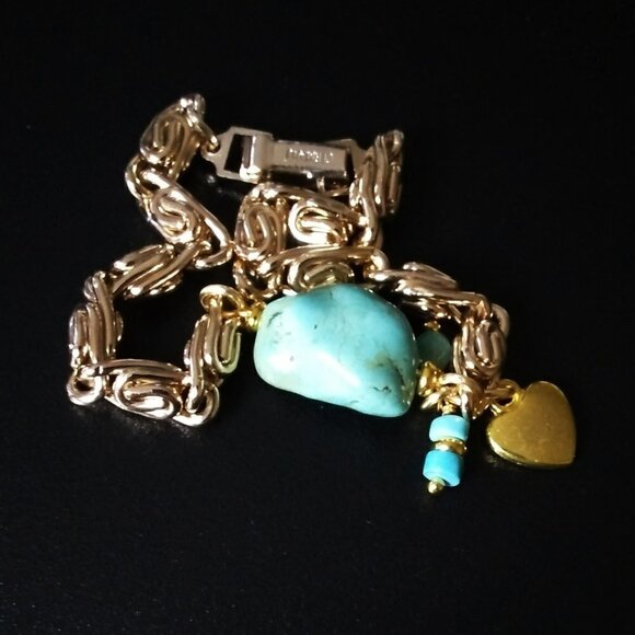 Turquoise Magnesite Fat Gold Chain Heart + Charm Bracelet ~Coastal Cowgirl Vibes - Picture 3 of 8